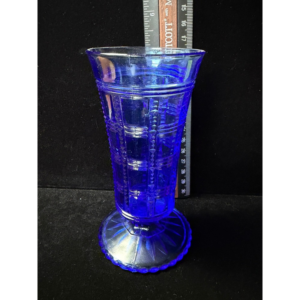 Vintage Cobalt Blue Pressed Glass Footed Vase Geometric‎ Paneled 6.25 Inch